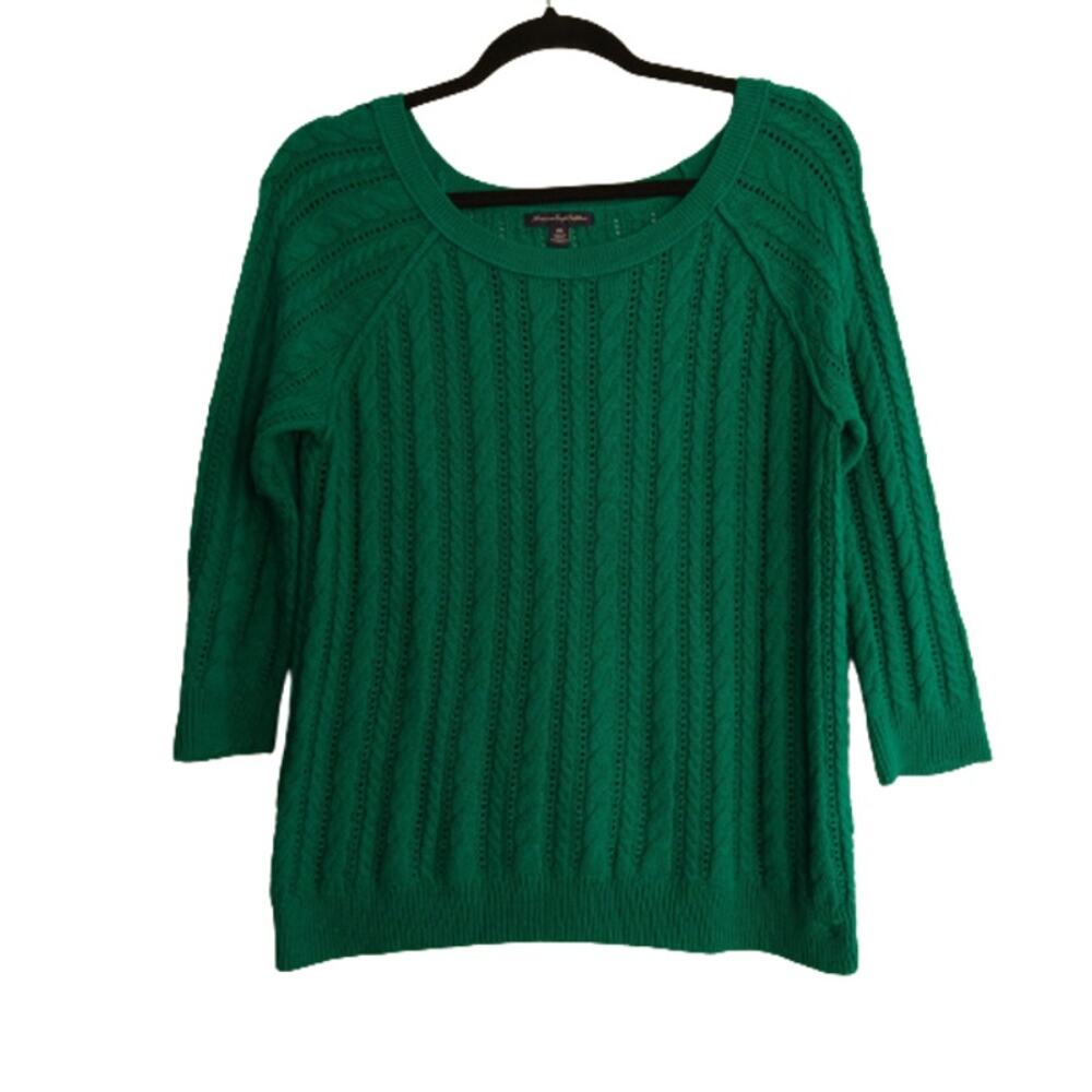 American Eagle Outfitters Sweater Green Cable Knit 3/4 Sleeves Boat Neck Medium